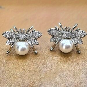 Blingy Bee Faux Pearls & CZs Stud Earrings